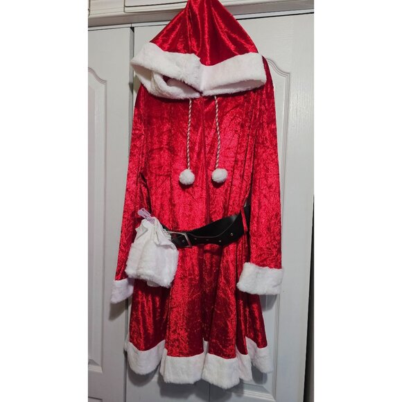 Sassy Santa Plus Costume Mrs Claus Hooded Dress Faux Fur Boot Toppers Christmas - Picture 1 of 6